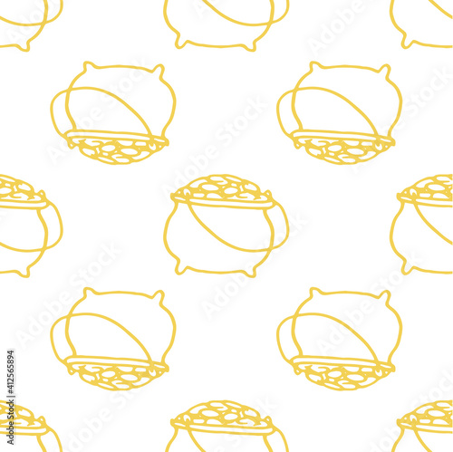 vector seamless pot pattern with gold outline in yellow on a white background. doodle pot of gold square format for diy design template