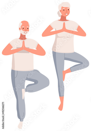 Elderly people doing yoga exercises isolated on white background. Healthy active lifestyle retiree. Sport for grandparents, elder fitness, yoga for seniors. Man and woman engaged in athletics