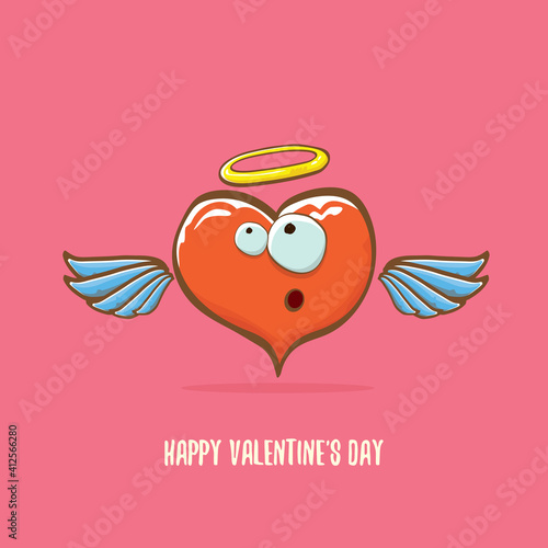 Vector Valentines day greeting card with funny cartoon pink heart character with wings and holy angel golden nimbus isolated on pink background. Conceptual valentines day comic funky kids poster