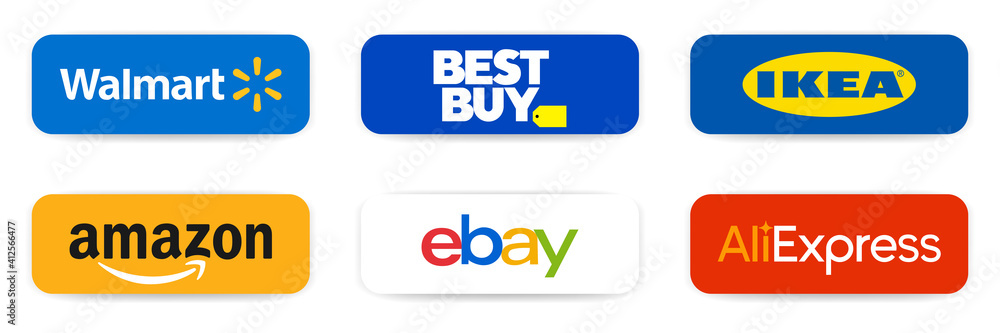 Famous online platform. Walmart, BestBuy, Ikea, Amazon, Ebay, AliExpress.  Top popular shop logos. Editorial vector illustration. Walmart, eBay, Amazon  icons. Rivne, Ukraine - February 10, 2021 Stock Vector | Adobe Stock