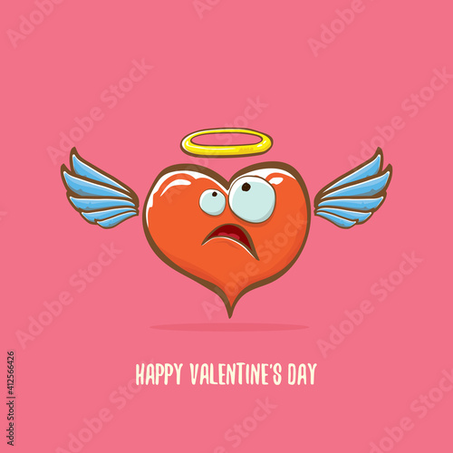Vector Valentines day greeting card with funny cartoon pink heart character with wings and holy angel golden nimbus isolated on pink background. Conceptual valentines day comic funky kids poster
