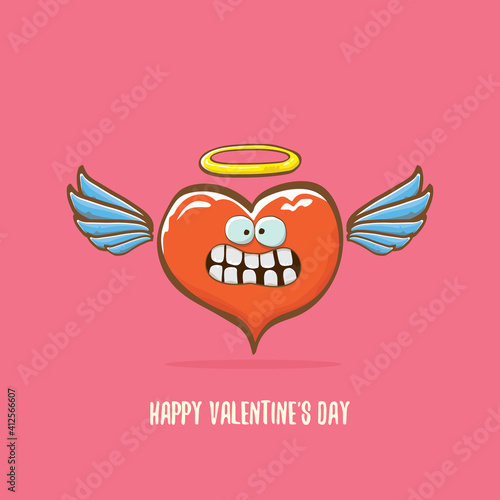 Vector Valentines day greeting card with funny cartoon pink heart character with wings and holy angel golden nimbus isolated on pink background. Conceptual valentines day comic funky kids poster