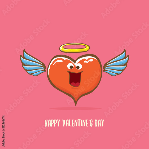 Vector Valentines day greeting card with funny cartoon pink heart character with wings and holy angel golden nimbus isolated on pink background. Conceptual valentines day comic funky kids poster