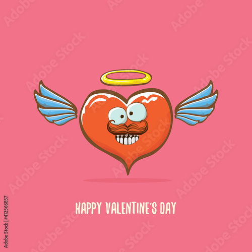 Vector Valentines day greeting card with funny cartoon pink heart character with wings and holy angel golden nimbus isolated on pink background. Conceptual valentines day comic funky kids poster