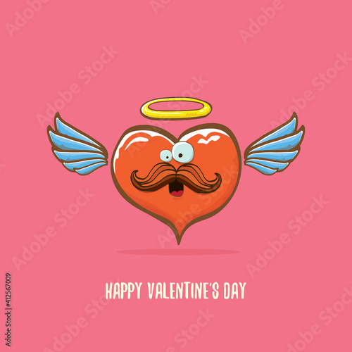 Vector Valentines day greeting card with funny cartoon pink heart character with wings and holy angel golden nimbus isolated on pink background. Conceptual valentines day comic funky kids poster