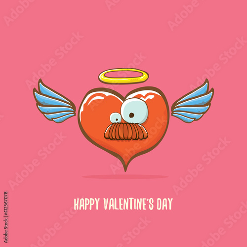 Vector Valentines day greeting card with funny cartoon pink heart character with wings and holy angel golden nimbus isolated on pink background. Conceptual valentines day comic funky kids poster