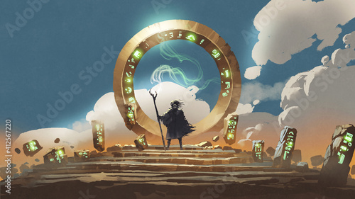 The wizard holds his wand standing at the circle gate, digital art style, illustration painting