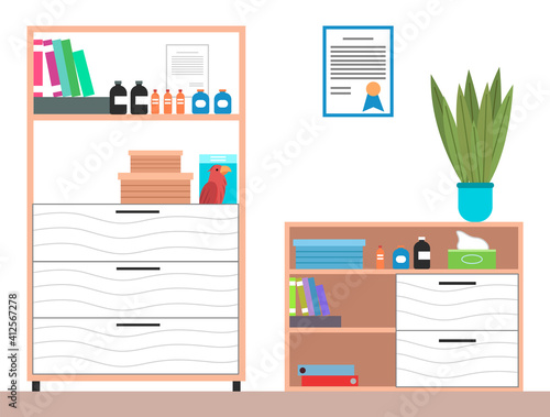 Interior equipment of a veterinary office white cupboard with shelves with books and medicines. Set of furniture of medical examination or medical check up interior room flat vector illustration