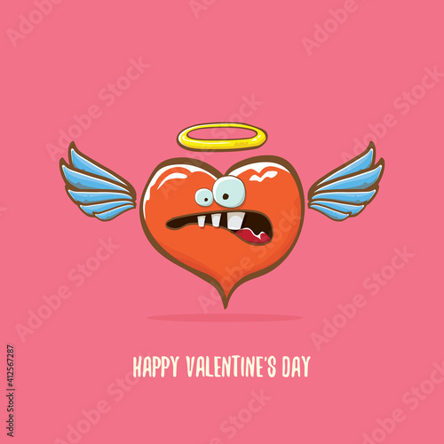 Vector Valentines day greeting card with funny cartoon pink heart character with wings and holy angel golden nimbus isolated on pink background. Conceptual valentines day comic funky kids poster