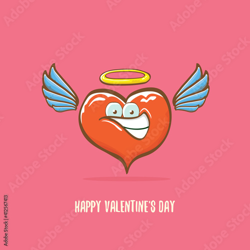 Vector Valentines day greeting card with funny cartoon pink heart character with wings and holy angel golden nimbus isolated on pink background. Conceptual valentines day comic funky kids poster