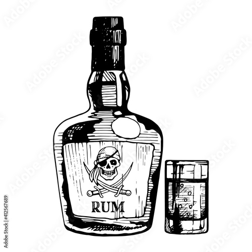 Rum bottle with pirate on the label, and glass. Vector hand drawn illustration, ink sketch