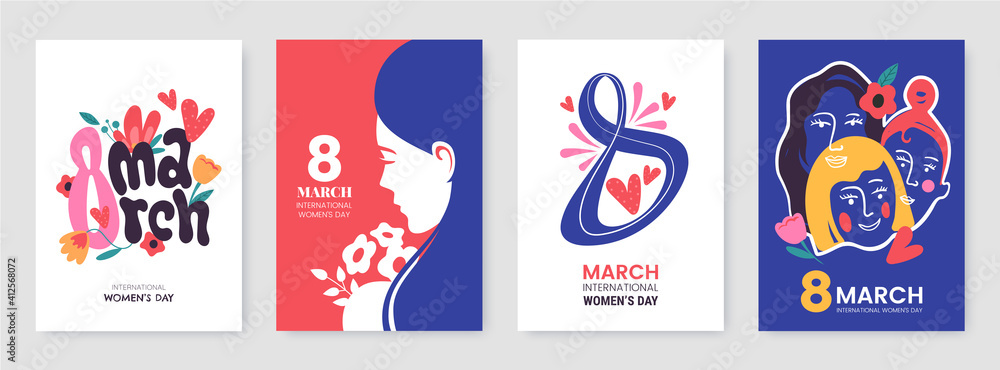 © alexandertrou - International Women's Day greeting card collection in different styles. 8 March posters design with lettering, womens, flowers and decorative elements. Ideal for print, postcard, social media, promo.