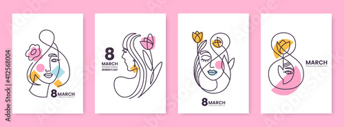 Women's Day greeting card collection in line art style. Linear silhouettes of beautiful women with flowers and decorative elements isolated on white. Ideal for postcard, promo, beauty salon.