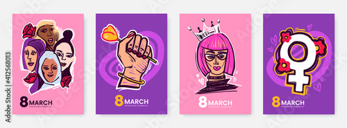International Women's Day greeting card collection in funny cartoon style. 8 March posters design with comical illustrations of womens and symbols of feminism. Ideal for print, postcard, social media.