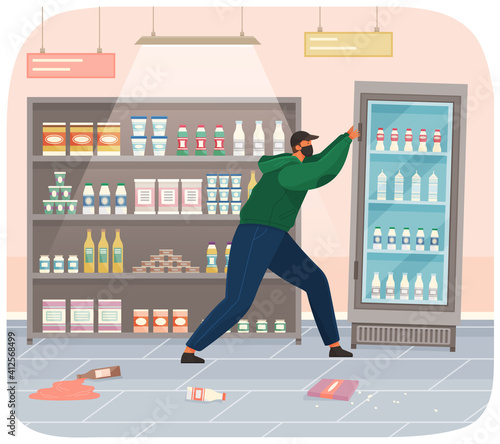 A vandal damages a machine in a grocery store. Masked and hooded bandit destroys refrigerator. Street gangsters and vandalism concept. Cartoon vector danger aggressive man smashing shop equipment