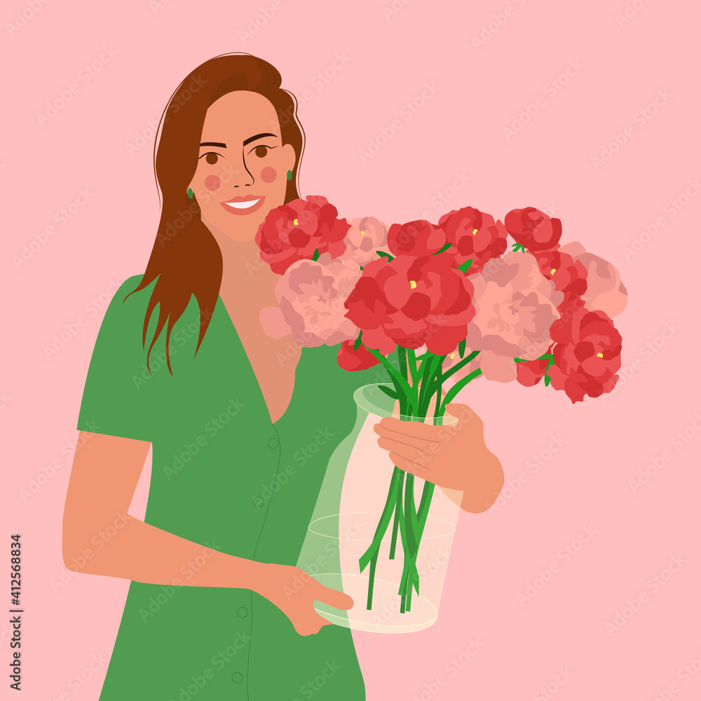 Vector illustration of a woman with peonies woman with a bouquet of flowers smiling Bouquet of pink peonies Happy Women's Day International Women's Day Bouquet of pink peonies in a vase Happy Girl Vector illustration of a woman with peonies woman with a bouquet of flowers smiling Bouquet of pink peonies Happy Women's Day International Women's Day Bouquet of pink peonies in a vase Happy Girl