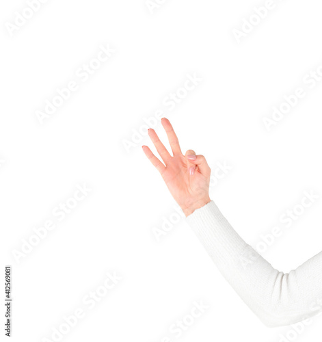 caucasian woman right hand showing three fingers sign isolated on white © Olekond