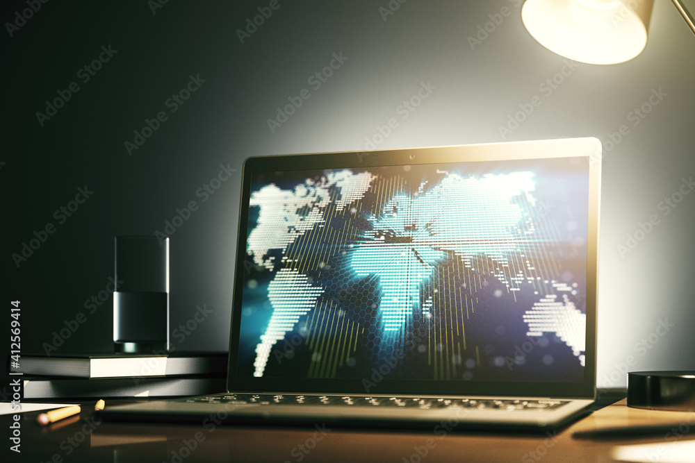 Abstract creative digital world map on modern laptop monitor, tourism and traveling concept. 3D Rendering Abstract creative digital world map on modern laptop monitor, tourism and traveling concept. 3D Rendering