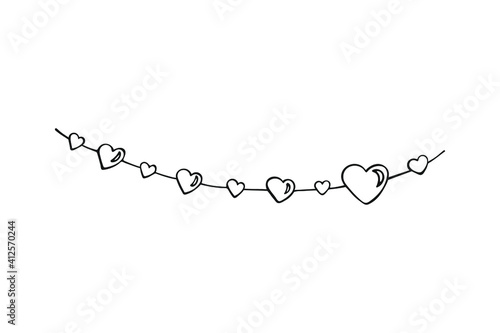 Hand-drawn garland of hearts. Garland isolated on a white background. Template for sticker, label, banner, invitation, postcard, packaging. Valentine's Day symbol. Vector illustration.