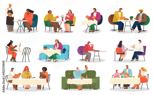 Coffee house or cafe, eating out, customers on chairs and couches vector. Couple on date, business lunch, arab woman taking selfie, friends meeting. Waiter taking order, coffee break illustration