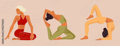 Active sporty girls vector set. Do yoga at home, stay at home and exercise. Women'S yoga. Vector Illustration Of A Beautiful Cartoon