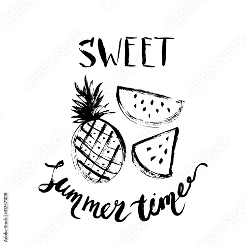 Hand drawn ink fruit with summer lettering