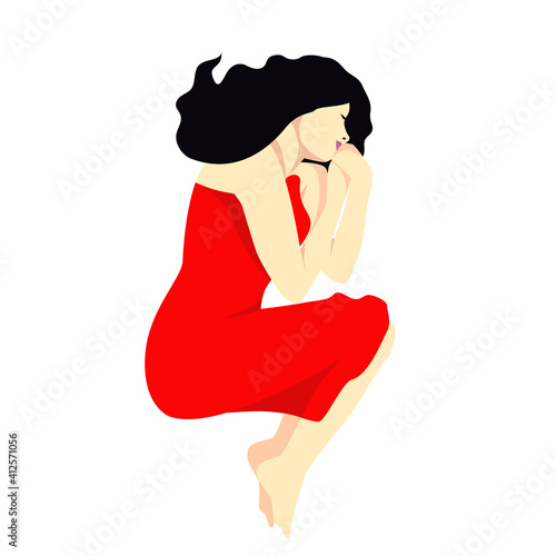 A young girl or woman lies with her legs bent and her hands pressed to the body in a red dress. Illustration in realistic flat style. Top view and close-up. Mood of serenity and pleasure.