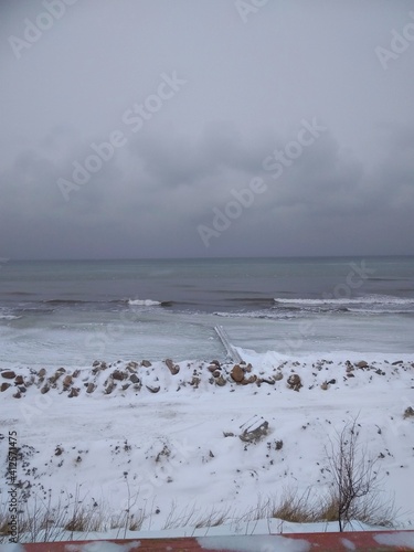 Winter snowy landscape by the sea