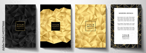 Modern premium black and gold cover design set. Luxury polygon pattern (triangle texture) background useful for notebook cover, business poster, luxury brochure template