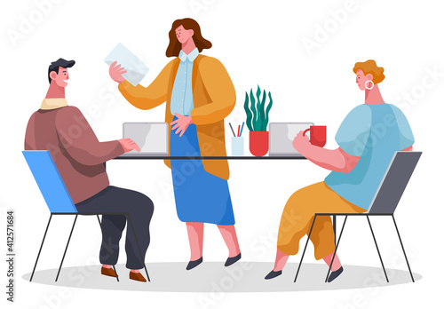 Office workers characters discussing matters. Business meeting and consideration of working issues. Consultation in the office of the chief. Business people with laptops confer isolated on white
