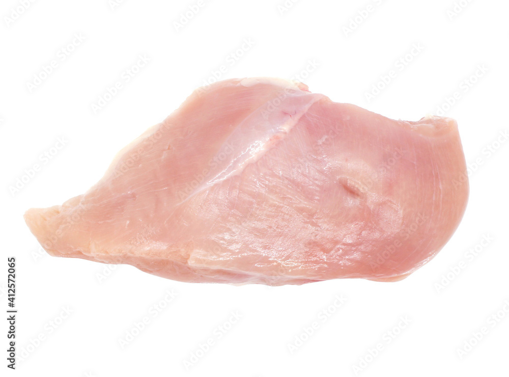 Raw chicken fillets isolated on white background. Two pieces of fresh chicken meat without skin. Top view. Raw chicken fillets isolated on white background. Two pieces of fresh chicken meat without skin. Top view.