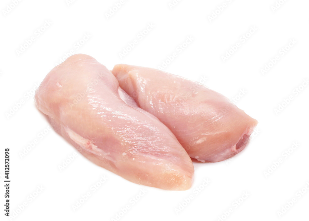 Raw chicken fillets isolated on white background. Two pieces of fresh chicken meat without skin. Top view. Raw chicken fillets isolated on white background. Two pieces of fresh chicken meat without skin. Top view.