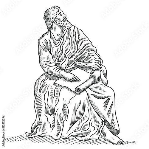 Ancient Greek old man philosopher sage sits with papyrus in his hands.