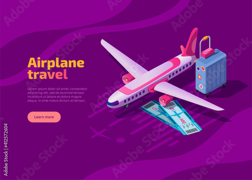 Airplane travel isometric landing page with plane on runway, airline tickets and suitcase on purple background. Business flights worldwide, passenger transportation, journey and tourism concept.