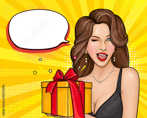 Vector illustration of young sexy woman with open mouth winking and holding bright gift box on yellow background. Advertising poster for the announcement of discounts and sales in the style of pop art