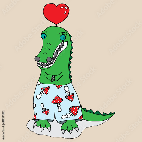 drawing crocodile in a shorts underpants children's illustration crocodile heart fly agaric mushrooms coloring book print