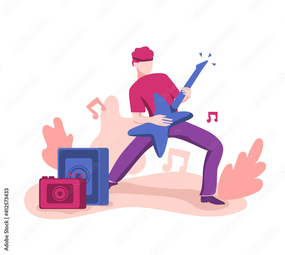The rising star with guitar. Flat design illustration