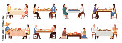 Set of illustrations on the theme of world cuisines tasting. Couples on dates isolated on white background. People communicate and spend time together. Characters are eating national dishes