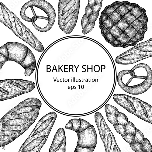 Bakery products. Vector hand drawn illustration. Vintage elements for labels, flayers and packaging design.