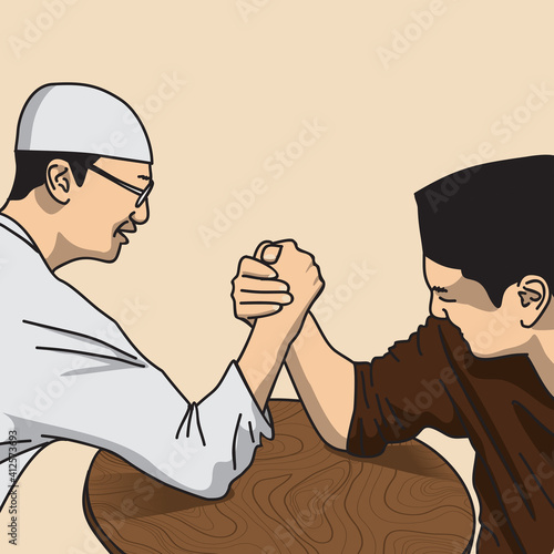 illustration of two Muslims arm wrestling, suitable for depicting conflicts, competition, or friendly matches
