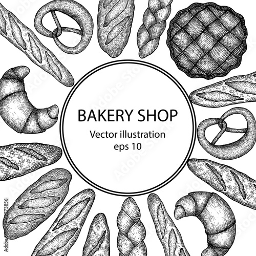 Bakery products. Vector hand drawn illustration. Vintage elements for labels, flayers and packaging design.