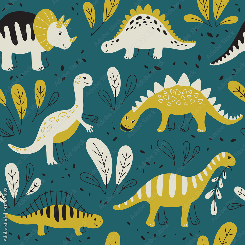 Fototapeta premium Seamless pattern with different dinosaurs on a dark background. Vector Background for fabric, textile, posters, gift wrapping paper, napkins, tablecloths.