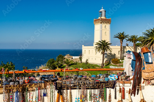 Souvenir Stall in Front of Lighthouse Dividing Atlantic Ocean and Strait of Gibralter, Cape Spartel, Morocco.