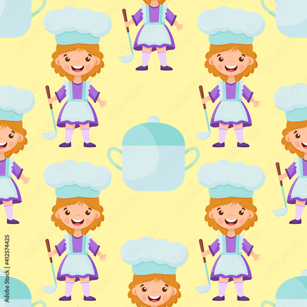 Seamless pattern of cartoon kitchen ware and cute child cook. Vector children background. Seamless pattern of cartoon kitchen ware and cute child cook. Vector children background.