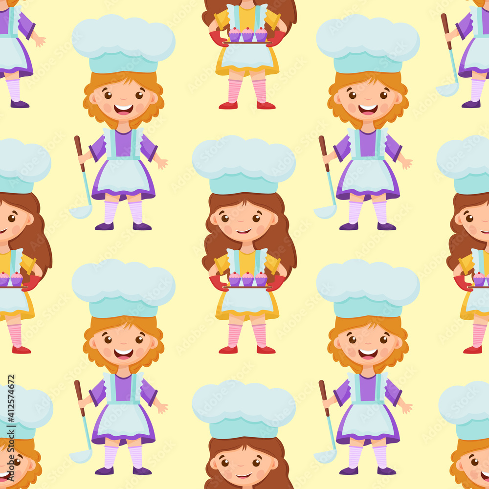 Seamless pattern girl Chef with Ladle, saucepan and cute little girl chef holds a cupcakes on the tray. Seamless pattern girl Chef with Ladle, saucepan and cute little girl chef holds a cupcakes on the tray.