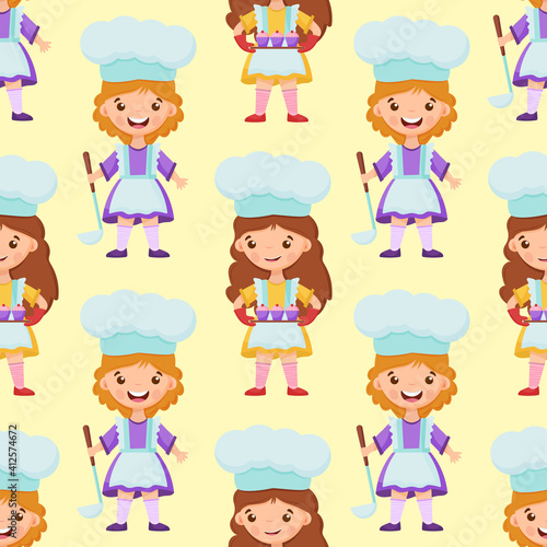 Seamless pattern girl Chef with Ladle, saucepan and cute little girl chef holds a cupcakes on the tray.