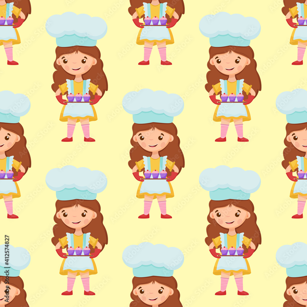 Seamless pattern cute little girl holds a cupcakes on the tray. Seamless pattern cute little girl holds a cupcakes on the tray.
