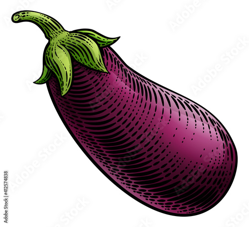 Eggplant or aubergine vegetable illustration in a vintage retro woodcut etching style.