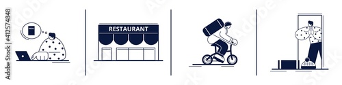Online delivery restaurant service concept from order to contactless receiving of parcels. Flat vector illustration of delivery chain.