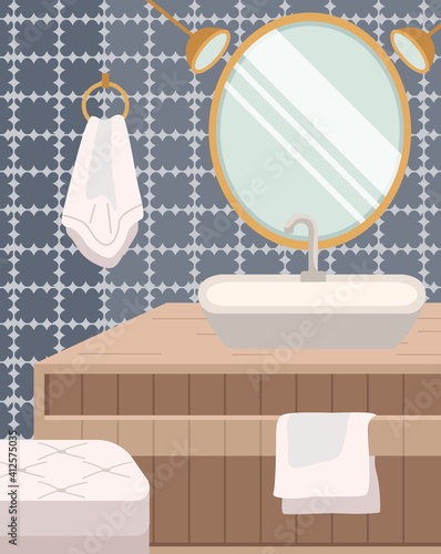 Modern sink table, mirror and bath towels flat vector illustration.. Bathroom interior design. Empty bath room. Dark design and layout of the room. Equipment and items for interior decoration